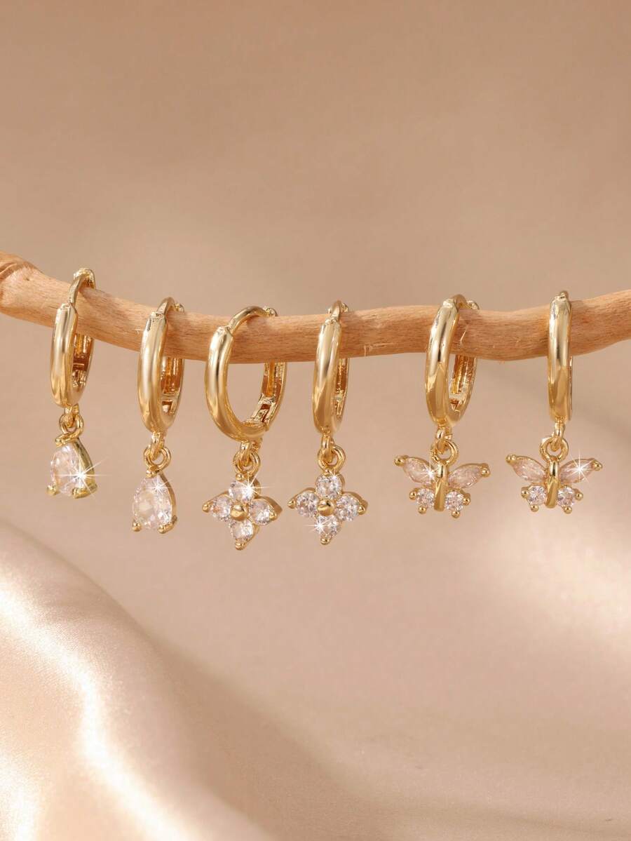 1 Pair Elegant Copper Zirconia Water Drop Four-Leaf Clover & Butterfly Pendant Earrings, Versatile Daily Wear For Women - Gold - View 1