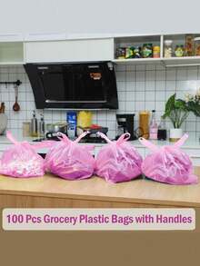 100pcs Pink Plastic T-Shirt Bags With Handles, Polyethylene Shopping Bags, Extra Thick And Large Pink Garbage Bags, Kitchen Trash Bags, Vegetable Bags, Large Trash Bags, Suitable For Groceries, Vegetables, Fruits, Snacks, Etc. - Multicolor - View 6