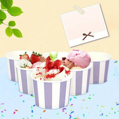 Bộ 10/20/50 cốc kem sọc tím, bát giấy đựng tráng miệng màu trắng và tím nhạt, cốc đựng bánh cupcake, bát tráng miệng màu tím dùng cho kem sundae, sữa chua đông lạnh, súp, đồ dùng tiệc sinh nhật, tiệc mừng em bé.