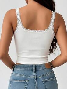 1pc Lace Patchwork Camisole Top With Padded Bust, Fitted Sleeveless Cropped Ribbed Tank Top, Suitable For All Seasons - White - View 6