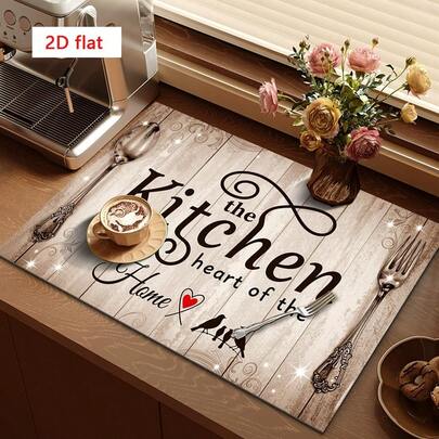 1 件餐具沥水垫，经典厨房桌面图案，饰有心形和小鸟图案，增强餐厅和咖啡厅的吸水性，多用途沥水垫，家居礼品，桌面装饰