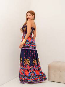 RAINBOW Strapless Long Dress Plain Printed Viscose Cheap Size 36-42 With Elastic Casual Elegant Women's For Versatile And Comfortable Looks - 65-海軍藍 - 查看 2