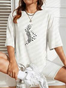 Women's Feather Print Loose Fit Round Neck Short Sleeve Casual T-Shirt For Spring Summer - 黑色 - 查看 9