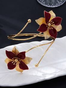1pc Enamel Double-Head Flower Circular Arm Cuff, Vacation Style Personalized Exaggerated Floral Arm Chain, Skin-Friendly 3D Adjustable Petal - Burgundy - View 3