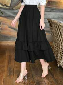 Solid Color Casual Elegant Autumn Back To School Holiday Ruffle Multi-Layer Cake Pleated Lace/Ruffle Daily Shopping Vacation Layered Black Summer - Black - View 3