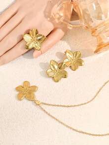 4pcs/Set Plumeria Earrings, Ring, Necklace Jewelry Set, Luxury Retro Elegant Necklace Set - Yellow Gold - View 3