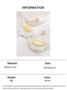 1 Pair Handmade Woven Raffia White Fan-Shaped Earrings, Fresh Beach Style, Fashionable Unique Geometric Raffia Pendant Earrings Suitable For Women's Daily, Vacation, And Party Wear - White - View 8
