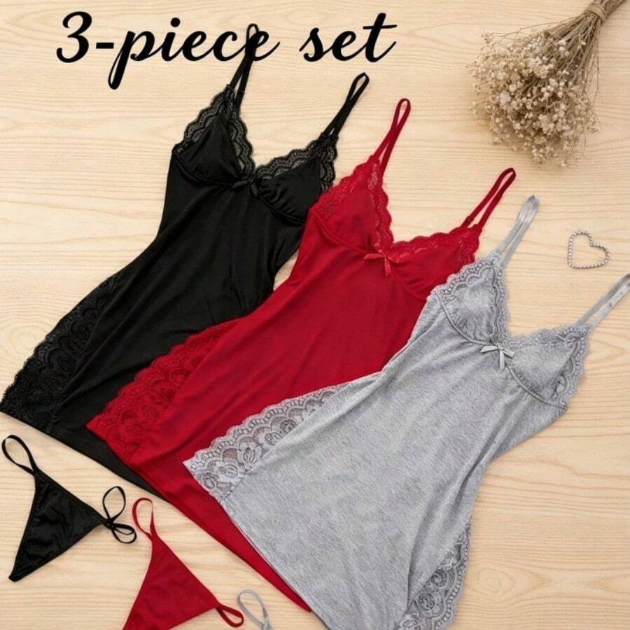 3-Piece Set Romantic Lace Trim Solid Color Side Split Dress Three-Color Combination Dress, Bow Thin Shoulder Strap Silky Suspender Dress, Women's Sexy Loungewear - Nhiều màu - Xem 1