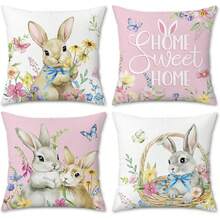 Bonhause Primavera Conejo Rosa Fundas de Cojín 45 x 45 cm Terciopelo Decorativo Funda de Cojín Conejo Flor Huevos de Pascua Fundas de Cojín Decorativas para Sofá Dormitorio Hogar Decoración Pascua - 1 - Ver 1