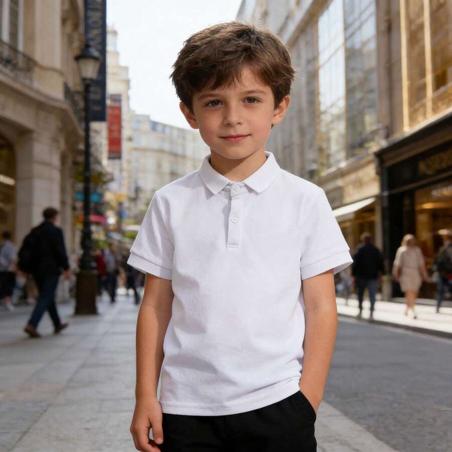 Camisa polo de manga corta para niños, estilo coreano de verano con cuello vuelto, camisa polo de estilo universitario, camisa polo de tejido piqué, camisa casual holgada con botones - Blanco - Ver 1