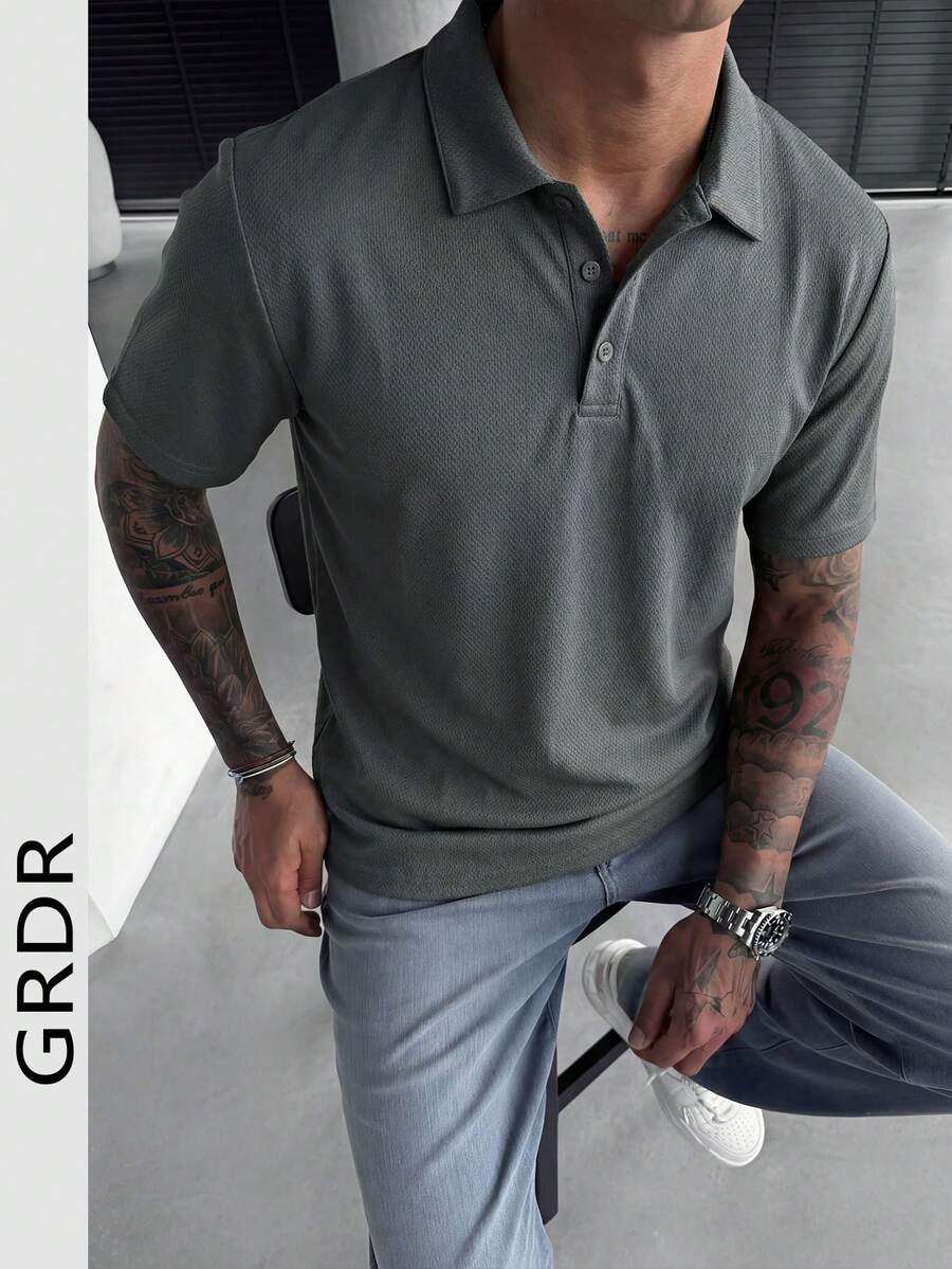 GRDR Men's Casual Polo Collar Fashionable Short Sleeve Shirt, Minimalist Versatile Summer - Dark Grey - View 1