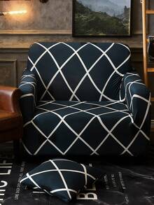 1件装弹力全罩沙发套，几何图案，现代风格涤纶面料，可机洗，保护沙发，防尘防污 - 藏蓝色 - 查看 3