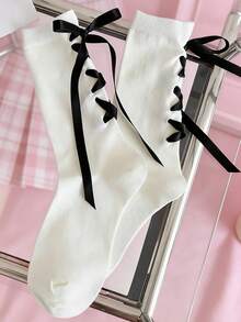 2 Pairs Women's Black And White Floral Lace Ribbon Bowknot Tie Mid-Calf Socks, Fall - Black and White - View 10