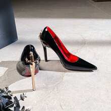 New Gold-Plated Scepter With Red Floral Pattern And Stiletto Heel, Elegant Black Patent Leather High Heels For Women. - Da bóng màu đen - (8 cm) - Xem 4