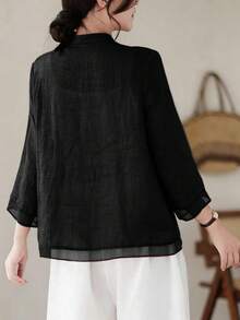 Loose Retro Chinese Style Three-Quarter Sleeve Patchwork Design Shirt Black - Black - View 4