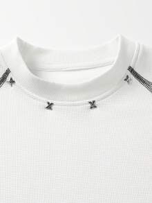 1pc Men's T-Shirt, White Waffle Texture With Rivet Decor, Waffle Knit Fabric, Loose Fit Stylish Design, American Casual Street Style, Suitable For Daily And Summer Wear - White - View 6