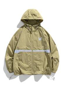 男士轻薄字母印花抽绳连帽防风夹克，情侣款，夏季 - 軍綠色 - 查看 10