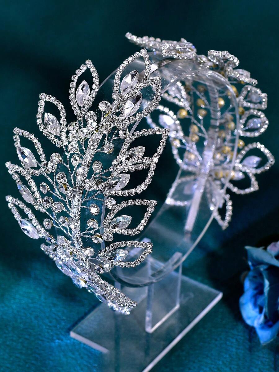 Băng đô cài tóc cô dâu hình cành cây đối xứng đính pha lê thủ công, phụ kiện tóc cưới cho phù dâu.