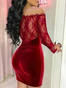 ChicMe Women's Lace Patchwork Off-Shoulder Long Sleeve Ruched Velvet Bodycon Mini Party Cocktail Dress For Formal Occasions - Burgundy - View 2