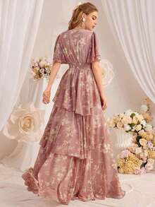 Women's Elegant Floral Print Layered Ruffle Hem Dress, Summer Vacation - màu đen - Xem 9
