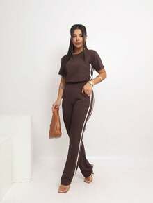 Premium Sweatsuit Casual Set, Casual Wide-Leg Pants, Side Stripe Pocket - Rỉ Nâu - Xem 9