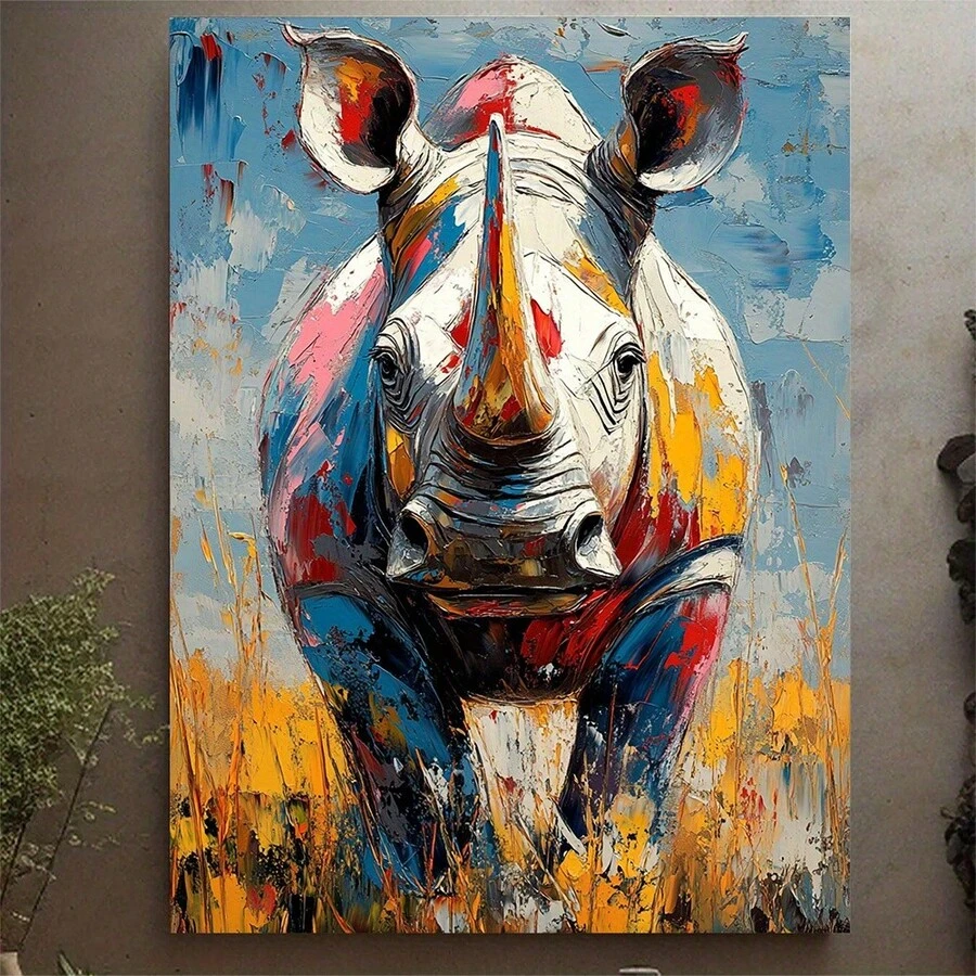 1 pieza, con marco, 30.48x40.64cm [2D plano] Arte abstracto de rinoceronte en lienzo - Decoración moderna para pared - Impresión única de animal - Regalo perfecto para amantes de la naturaleza y entusiastas del arte, 2D plano - Sin marco - Ver 1