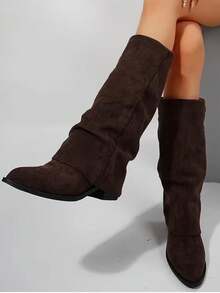 Suede Knee-High Boots For Autumn/Winter, French Style With Chunky Heel And Pointed Toe. Ref 9002 - 咖啡棕 - 查看 13