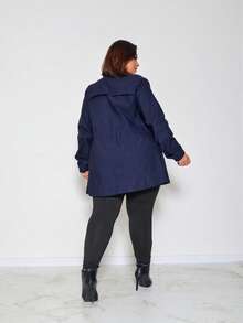 Plus Size Winter Overcoat In Bengaline Fabric With Drawstring, Zipper, And Button Closure. This Winter Parka Coat/Blouse Is Perfect For Sizes G1, G2, And G3. - 藏蓝色 - 查看 7