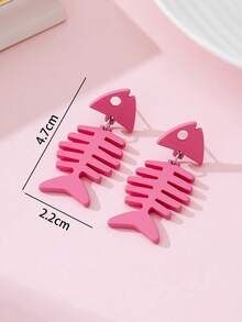 1 Pair Cute Fish Bone Lacquered Faux Soft Pottery Design Fashion Jewelry Earrings For Women, Perfect Gift For Beach Party - Pink - View 4
