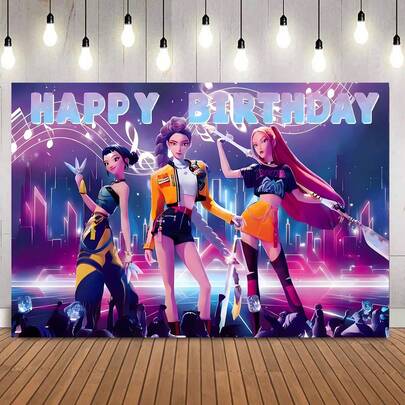 1件装韩流女团主题生日派对装饰背景布（210*150/200*140/180*135/150*100/100*75厘米），时尚韩流女团生日快乐摄影背景，适合韩剧粉丝，生日庆典派对墙面装饰横幅