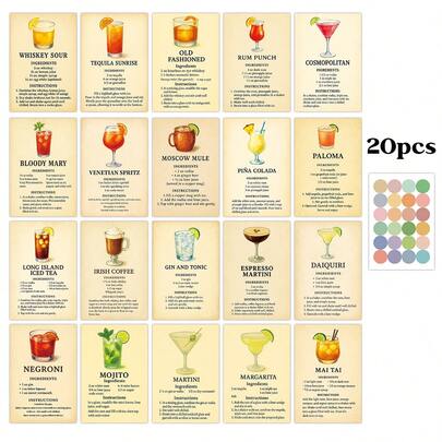 20张复古鸡尾酒配方明信片套装，必备饮品配方墙贴拼贴套装，包含配料和说明，插图鸡尾酒配方装饰卡片，适用于家居和酒吧