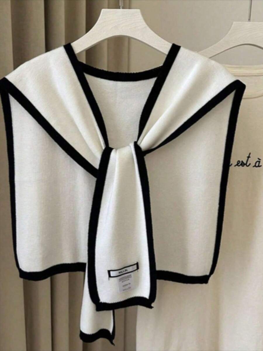 1 chiếc khăn choàng dệt kim dành cho nữ, cổ chữ V, kiểu buộc dây, thích hợp cho hoạt động ngoài trời. - trắng - Xem 1