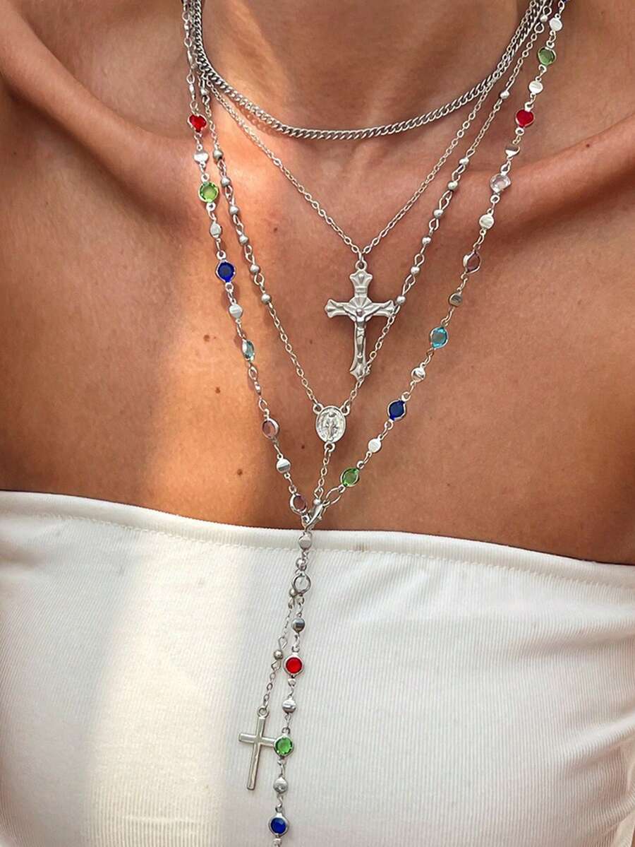Set de 4 collares de cadena con cristales coloridos de moda, collar largo en forma de Y y collar de cruz, adecuado para viajes, citas, fiestas (color de cristal aleatorio) - Multicolor - Ver 1
