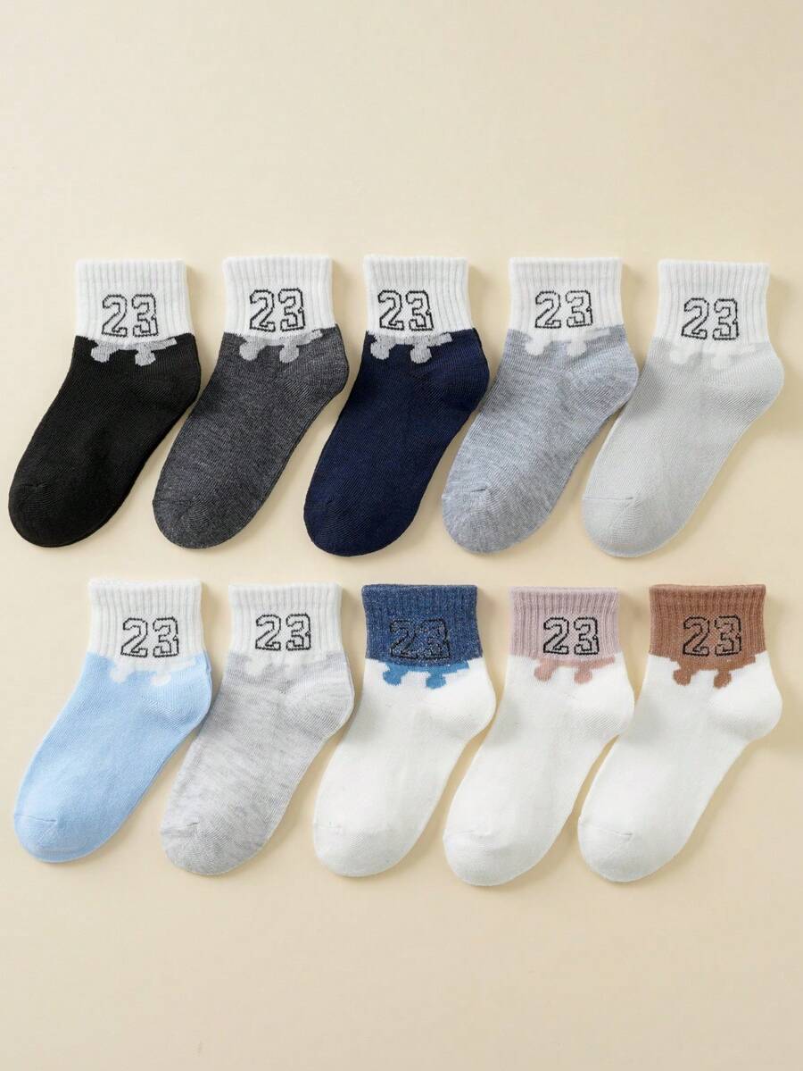 10 đôi tất trẻ em unisex in số 23 và sọc đôi, tất thoáng khí cho bé trai và bé gái, phù hợp cho mọi mùa và mặc hàng ngày. - Nhiều màu - Xem 1