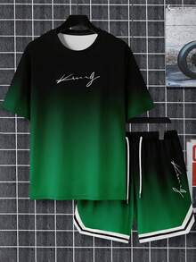 Men's Gradient Letter "King" Print Round Neck Short Sleeve Top And Shorts Set - Green - View 3