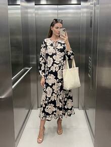 Đầm maxi dài tay in hoa đen trắng phong cách Bohemian dành cho nữ, đầm dự tiệc thanh lịch thường ngày, đầm dài in hoa đen trắng kiểu Pháp, đầm Bohemian dài tay tối giản, đầm dự tiệc biển thoải mái, đầm maxi tay phồng rộng rãi, đầm khoác ngoài thường ngày cho kỳ nghỉ. - màu đen - Xem 5