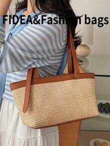 New Arrival Spring/Summer Vacation Season Straw Patchwork Tote Bag, Large Capacity Resort Style Versatile Tote Bag, Polyester & Faux Leather Material, Adjustable Strap, Suitable For Daily, Commute, Vacation - Brown - View 7