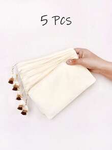 1个/5个/10个装帆布拉链带流苏收纳袋,旅行化妆包,化妆品收纳包,铅笔盒,适合度假、海滩、浴室、卧室使用,大容量 - 米色 - 查看 102