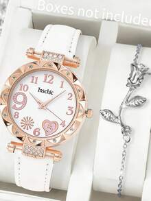 1pc Women's Fashion Minimalist Heart Quartz Watch With Diamond Number Dial + 1pc Heart Bracelet, As Valentine's Day Or Back To School Gift - Multicolor - View 5