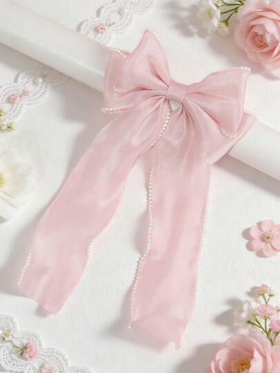 1 buc. Clamă de păr transparentă cu fundă roz și garnitură cu perle, agrafă de păr strălucitoare cu fundă din organza, accesoriu de păr pentru femei pentru întâlniri romantice, nunți, ședințe foto, uz zilnic