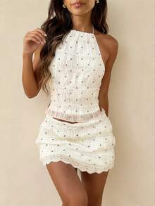 Women Y2k Mini Skirt Sets Backless Tie Up Crop Halter Top And Smocked Lace Mini Skirt 2 Piece Beach Outfit - 杏色2 - 查看 2