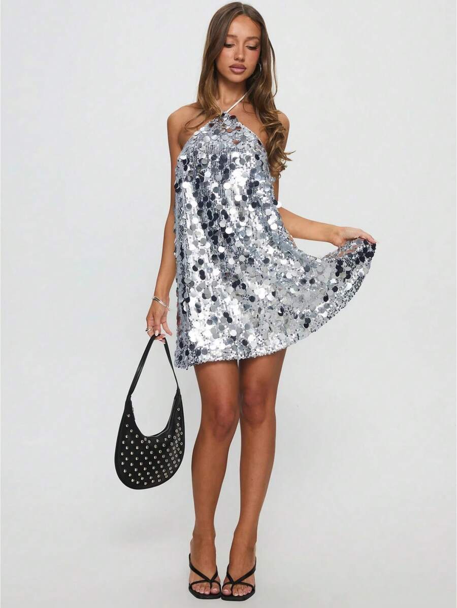 Sequin Short Homecoming Dresses For Teens Sparkly V Neck Prom Dress For Women Tight Cocktail Party Mini Gown - 銀色 - 查看 1