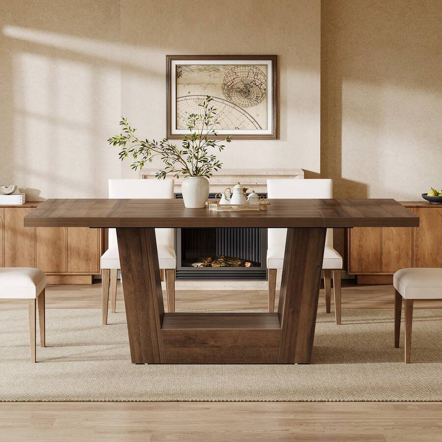 LITTLE TREE 63-Inch Farmhouse Dining Table, Rectangular Dining Tables For 4-6 With Heavy Duty Base, Wooden Dining Table For Kitchen, Living Room - 棕色 - 查看 1