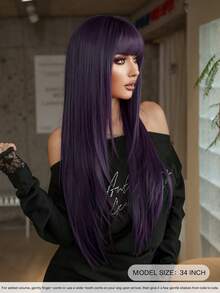 7JHH WIGS 34英寸超长直发紫色假发，带刘海 - 超长自然层次假发，高品质柔软合成纤维假发，适合女性日常佩戴、节日派对、毕业礼物 - 初学者无需胶水即可佩戴假发 - 紫色 - 查看 4