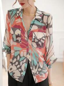 YUXIN 女士复古抽象印花雪纺衬衫，实用口袋，宽松长袖，适合办公室、休闲日常穿着，轻盈透气，春秋季上衣，粉色 - 粉色 - 查看 5