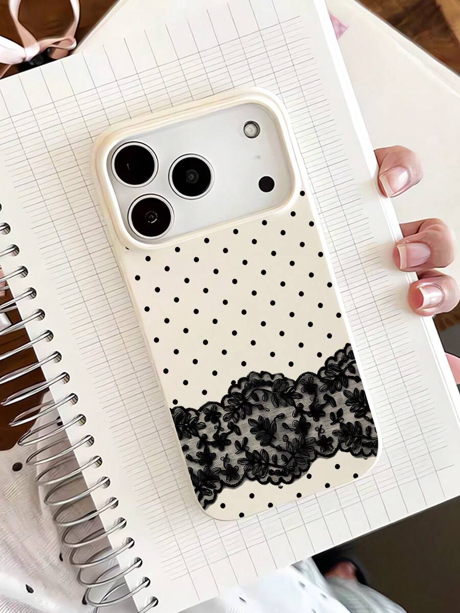 1件装时尚个性化蕾丝波点图案设计乳白色液态软边手机壳，兼容 16/16Pro/16Plus/15/15ProMax/15Pro/11/12/13/14ProMax/11Pro/11ProMax/12Pro/12ProMax/13Pro/13ProMax/14Pro/14ProMax，创意优雅设计 - 彩色 - 查看 1