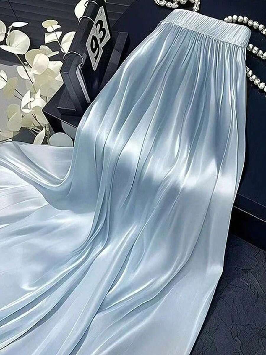 女士长款缎面A字裙，优雅派对礼服，休闲装，假日装，女士夜店装 - 淺藍色 - 查看 1