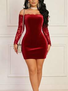 ChicMe Women's Lace Patchwork Off-Shoulder Long Sleeve Ruched Velvet Bodycon Mini Party Cocktail Dress For Formal Occasions - Burgundy - View 7