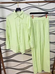 Linen Shirt And Pants Set (2 Pieces), Lined With Elastic. - 青檸色 - 查看 1