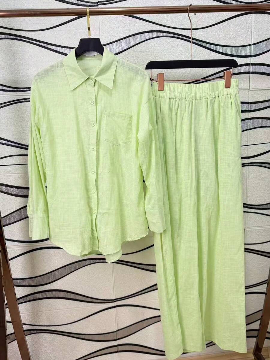 Linen Shirt And Pants Set (2 Pieces), Lined With Elastic. - 青檸色 - 查看 1
